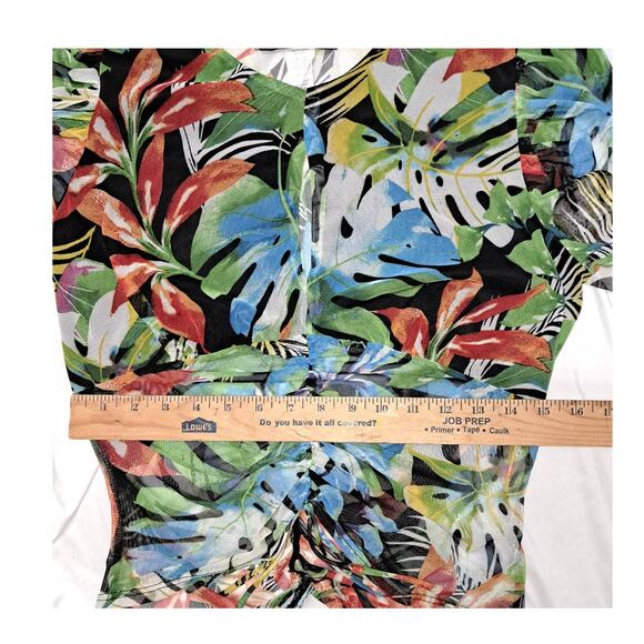 Touch Me sheer Multicolor Leaf pattern 1/2 Sleeve Ruched  Puff sleeve V-Neck LG - Picture 6 of 11